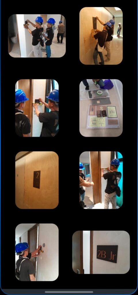 Workers installing wooden indoor room signage, wooden plaques “2” and “2B Jr”, Metro Manila, sign maker Philippines by M&G Global Ads.